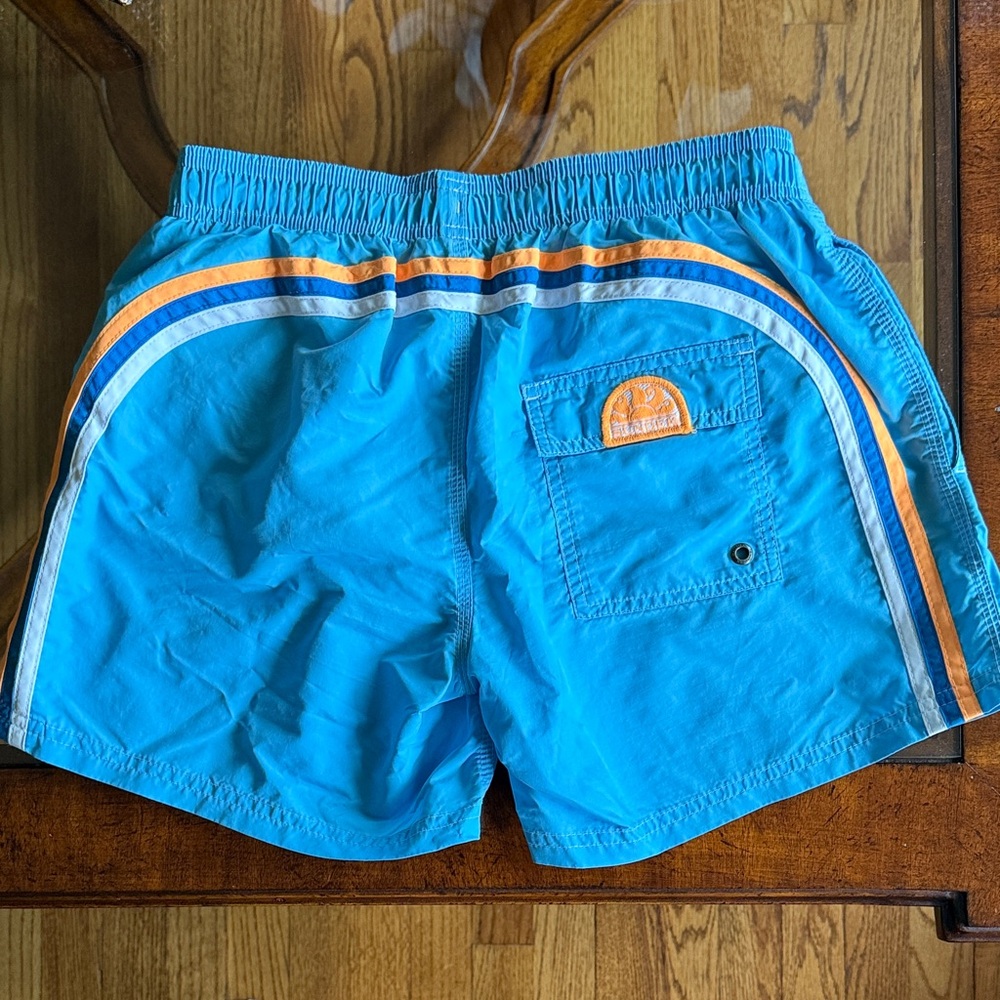 Blue Sundek Swim Shorts with Orange and White Stripes